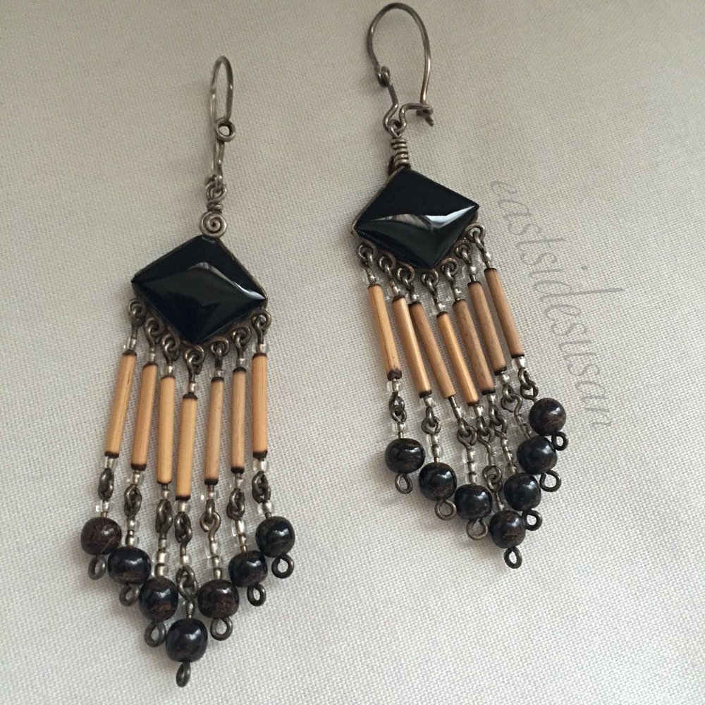 Pretty VTG BLACK ONYX & JASPER dangling earrings